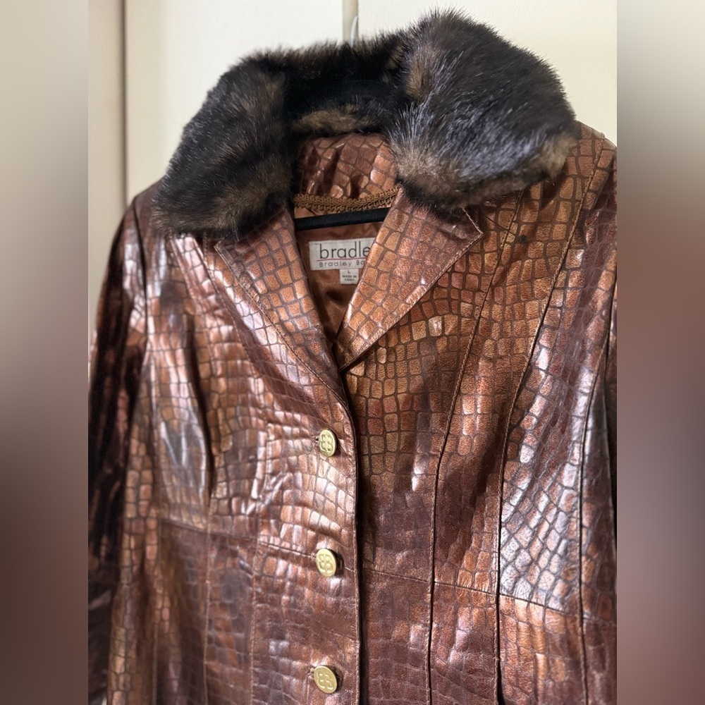 Vintage Stunning Bradley Bayou Brown Croc 100% Leather Jacket w Faux Fur Collar - Picture 2 of 7